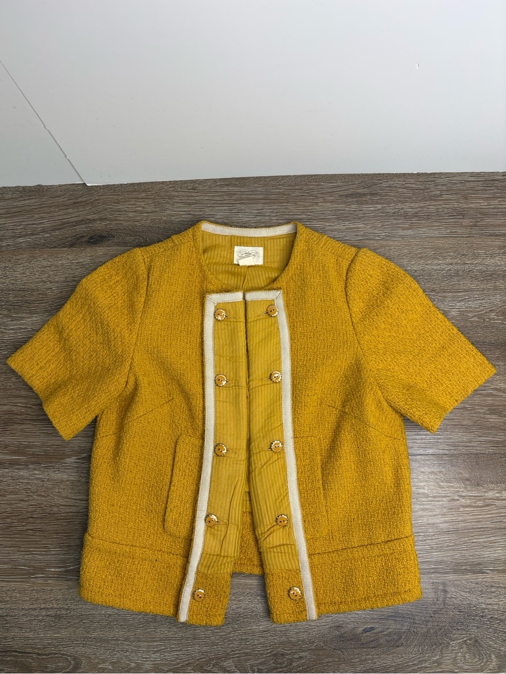 Anthropologie CIDRA Mustard Yellow Bouclé Short Sleeve Jacket Size 2